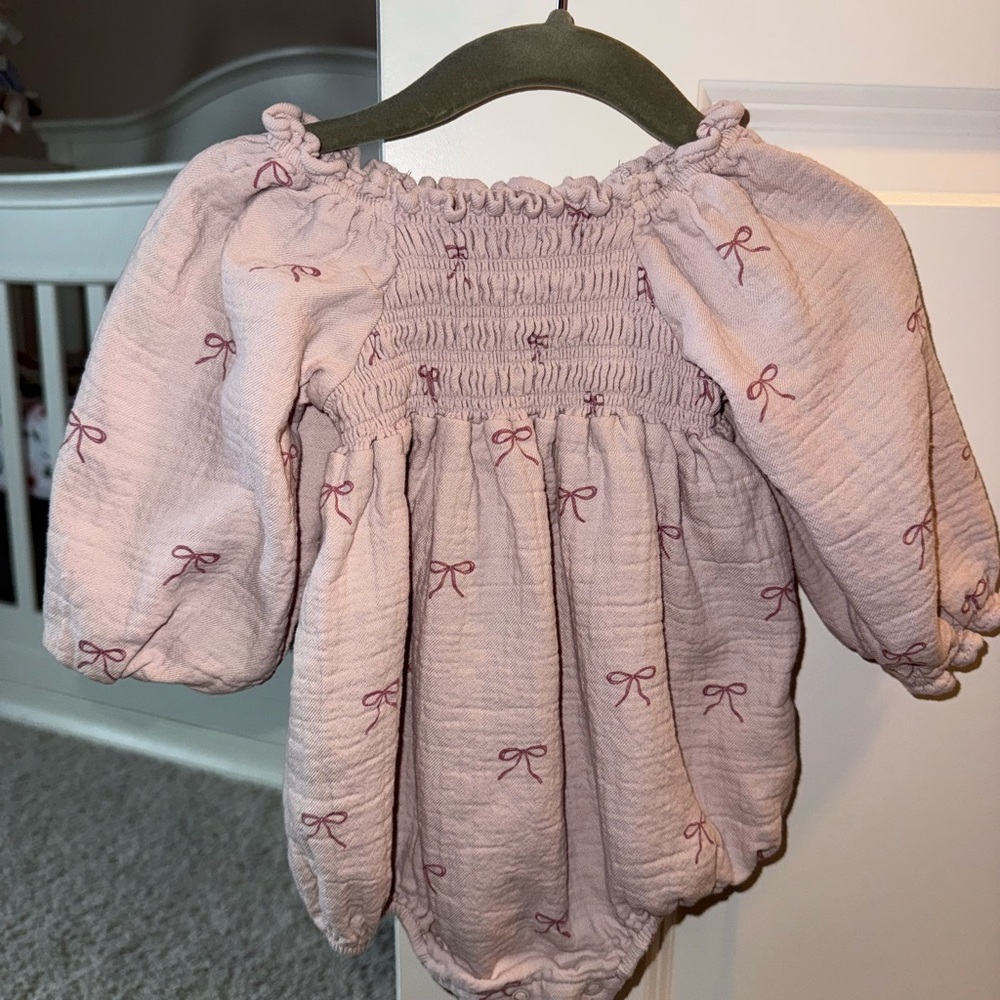 Quincy Mae Dusty Pink Smocked Bow-Print One-Piece